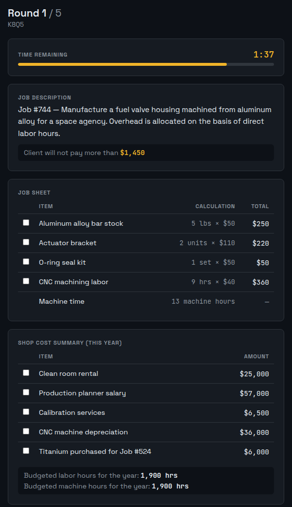 The student's view: job description, job sheet, and the shop's cost summary, with a two-minute timer